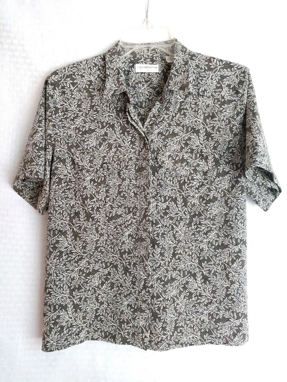 Cute Liz Claiborne Collection Brown White Floral Short Sleeve Shirt Leaves 10P